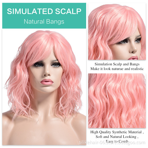 Daily Use Heat Resistant Brown Vine Purple Pink Black Silky Curly Wig For Women Synthetic Short Water Wavy Wigs With Bangs